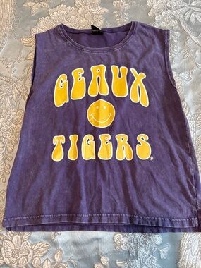 Purple Sleeveless Kids Tank with Yellow 'Geaux Tigers' Graphic